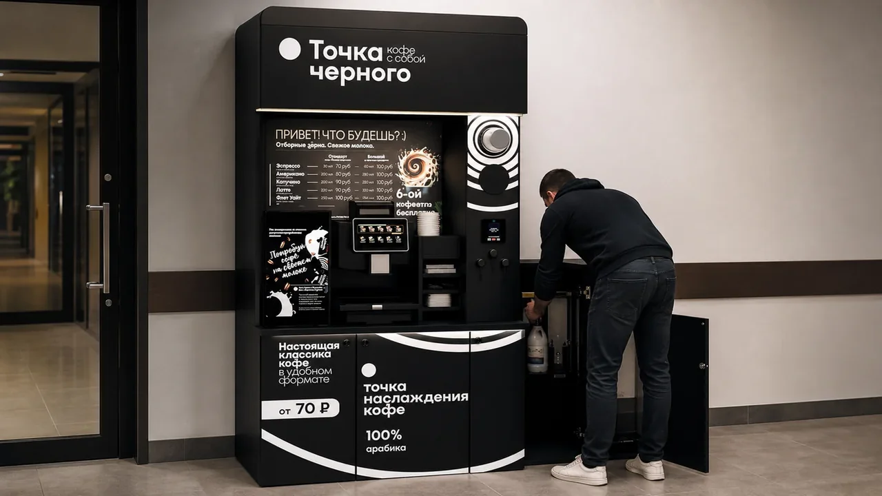 Партнёр обслуживает кофейную стойку самообслуживания и проверяет расходники