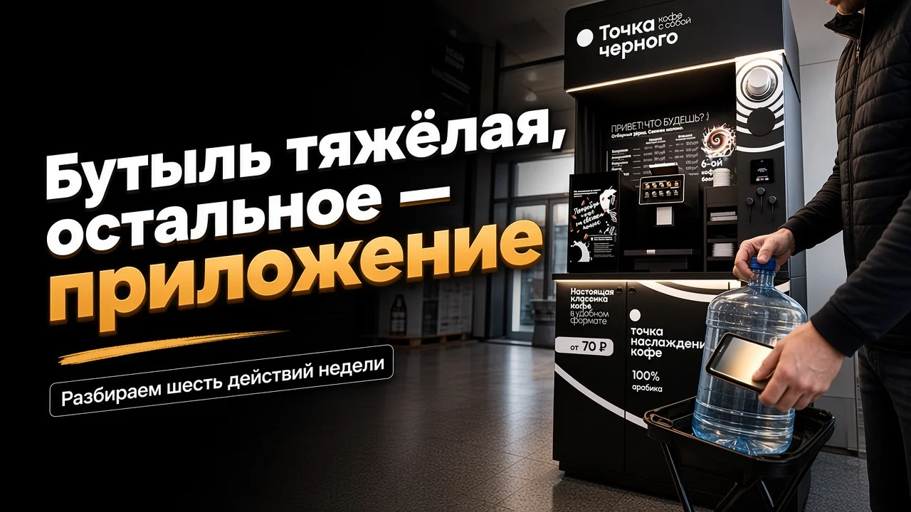 Партнёр в холле поднимает тяжёлую бутыль воды к кофейной стойке, в другой руке — телефон с приложением
