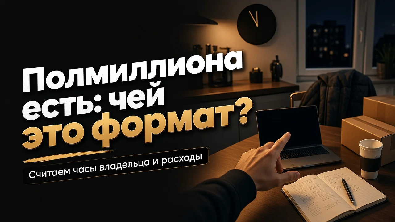 Ночная кухня: на столе под лампой ноутбук, посылки, блокнот и стакан, рука выбирает формат бизнеса за полмиллиона рублей