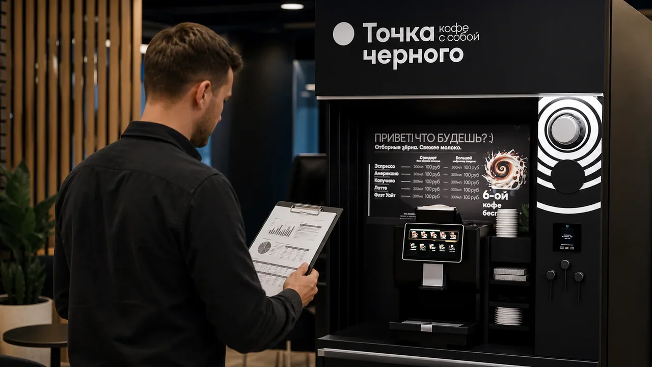 Партнёр смотрит финансовую модель кофейной точки самообслуживания