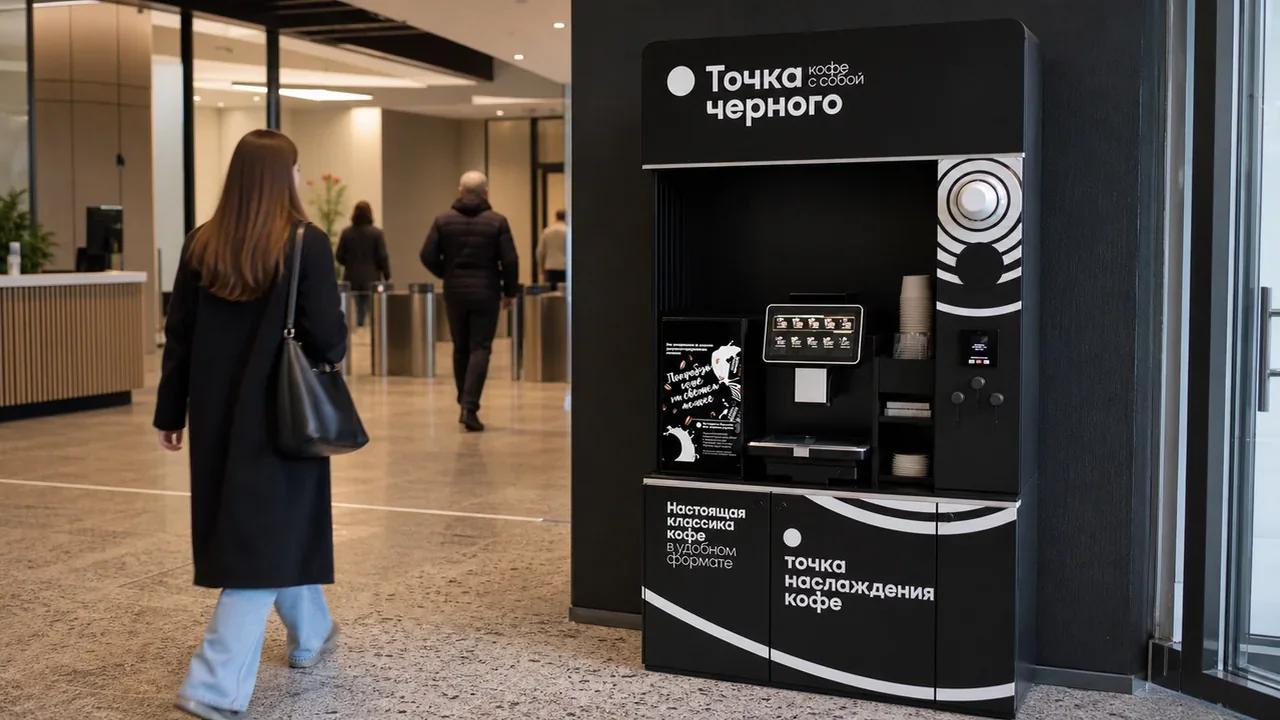 Кофейная стойка самообслуживания рядом с маршрутом посетителей в коммерческом помещении