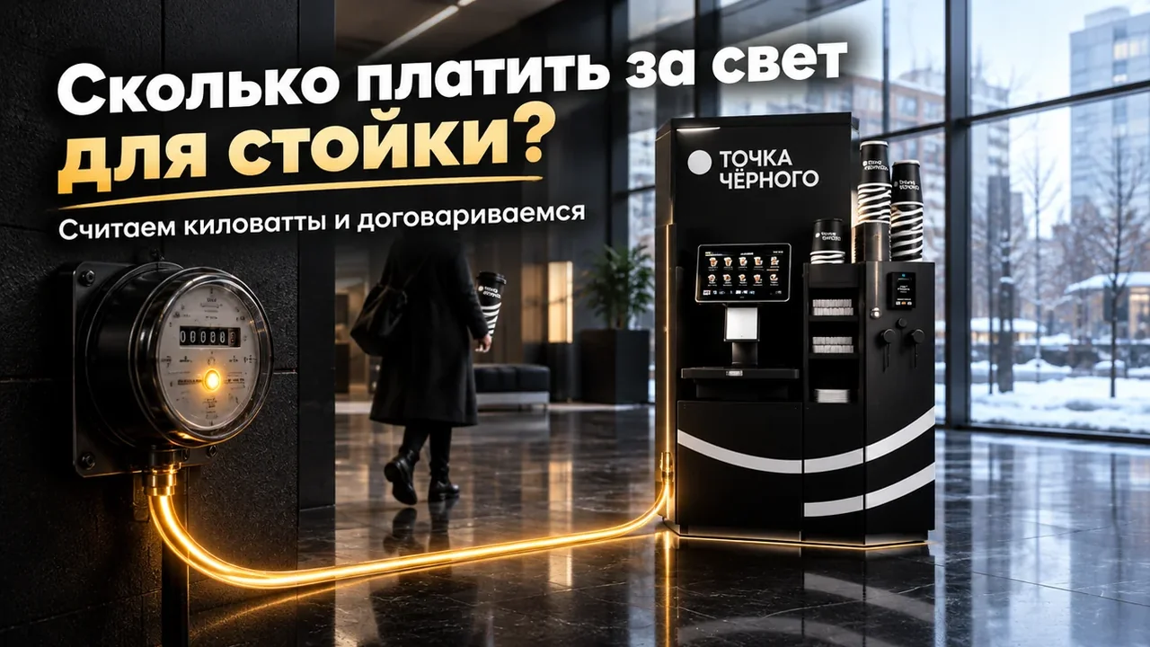 кофейная стойка «Точка Чёрного» в холле бизнес-центра, электрический счётчик и провод под напряжением, гость с фирменным стаканом