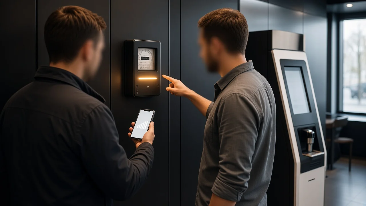 партнёр показывает арендодателю показания счётчика на смартфоне у кофейной стойки