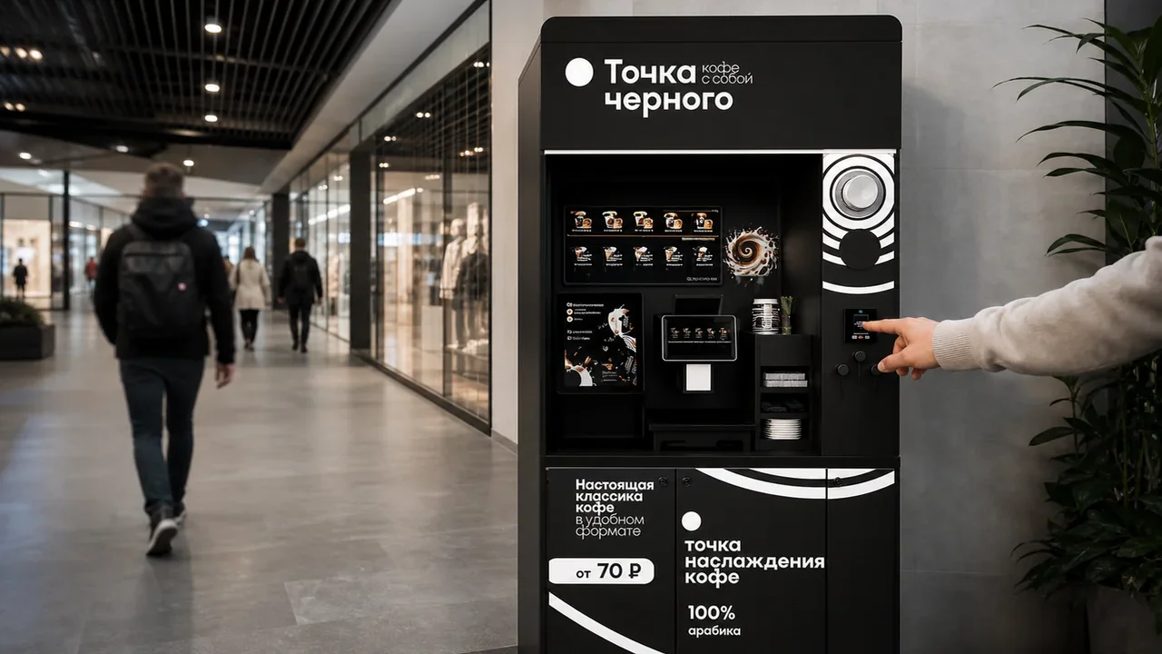 Компактная кофейная стойка самообслуживания рядом с маршрутом покупателей