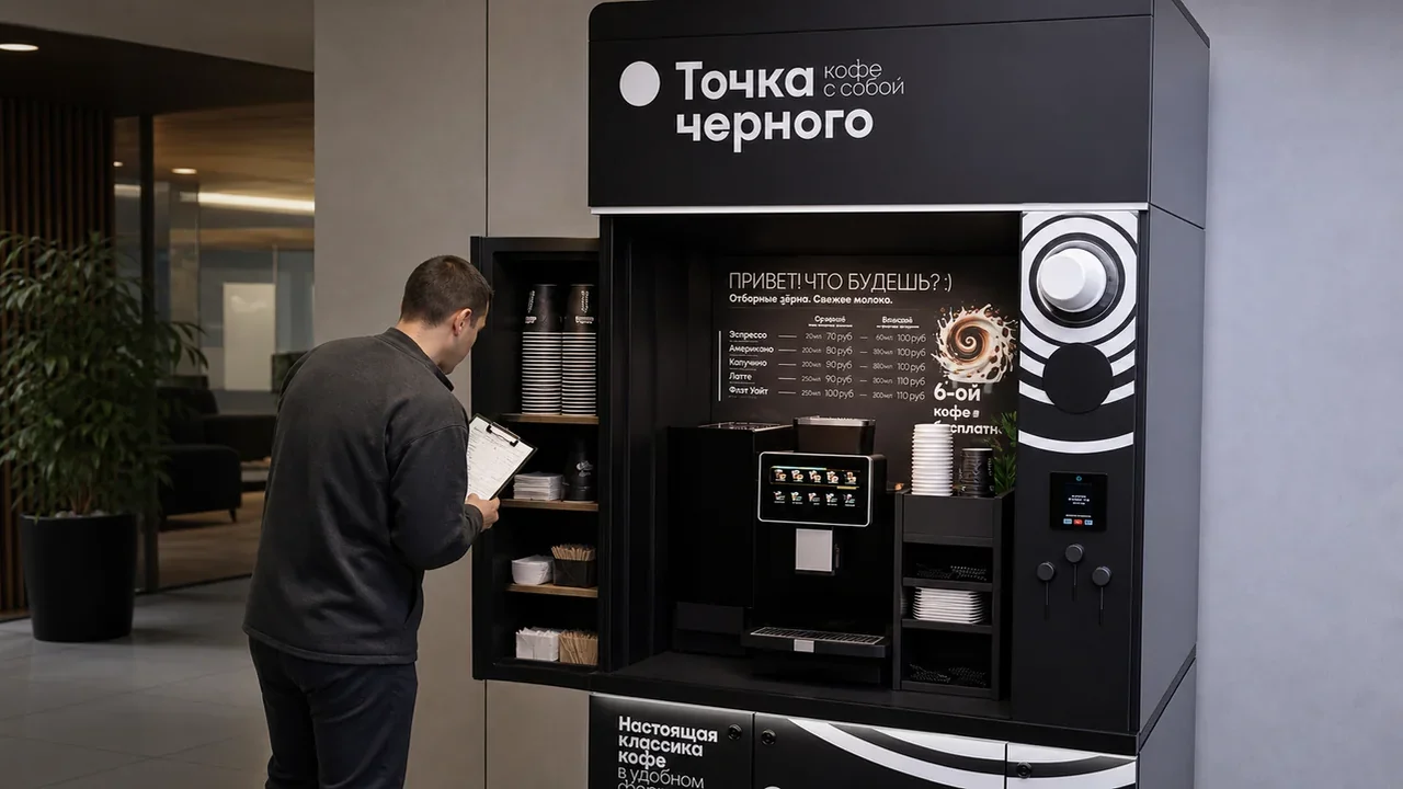 Партнёр обслуживает кофейную стойку самообслуживания и проверяет расходники