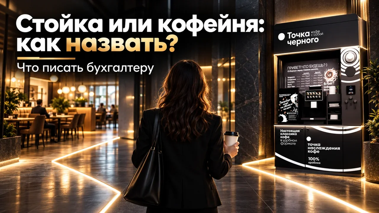 Анонимный предприниматель на развилке коридора: слева кофейня с посадкой, справа чёрно-белая кофейная стойка «Точка Чёрного»
