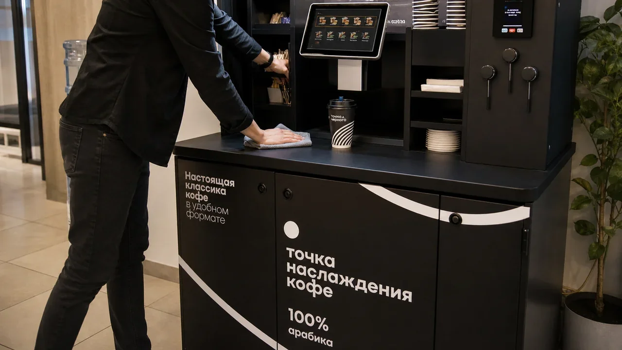 Партнёр протирает кофейную стойку самообслуживания и проверяет расходники после запуска