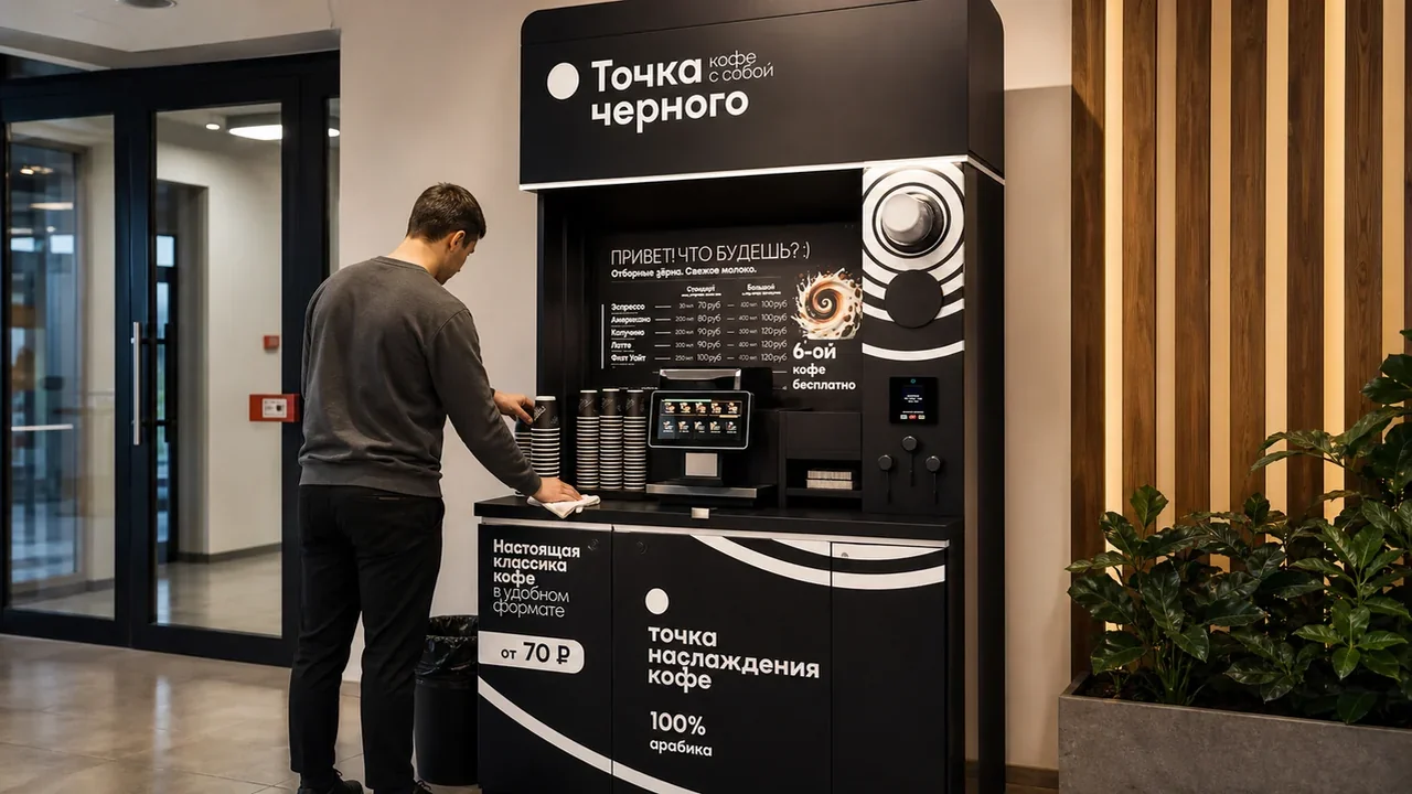 Партнёр обслуживает кофейную стойку самообслуживания и проверяет чистоту