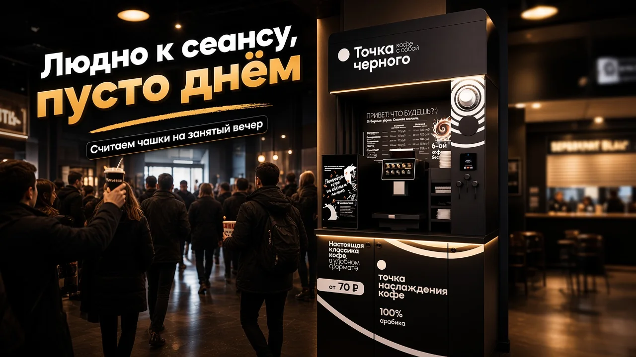 Вечернее фойе кинотеатра: зрители со стаканами идут к залу, кофейная стойка «Точка Чёрного» светится у маршрута, а дальняя часть фойе стоит пустой