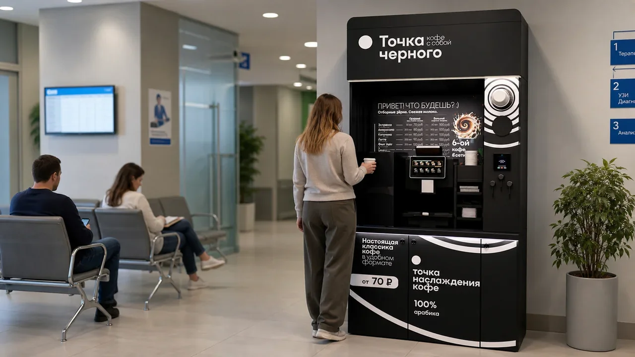 Посетители ждут приёма рядом с кофейной стойкой самообслуживания
