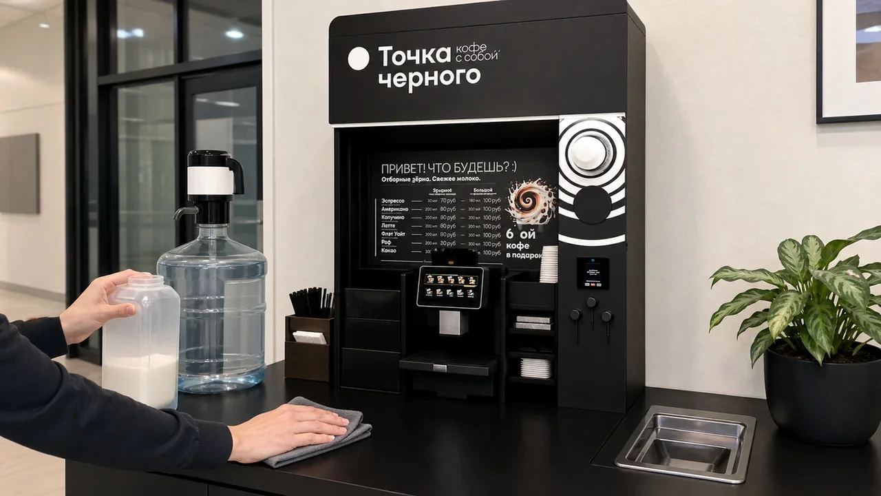 Обслуживание кофейной стойки самообслуживания: вода, молоко и чистота рабочей зоны
