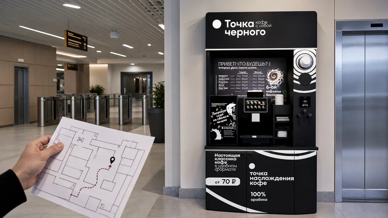 Кофейная стойка самообслуживания рядом с маршрутом посетителей в помещении
