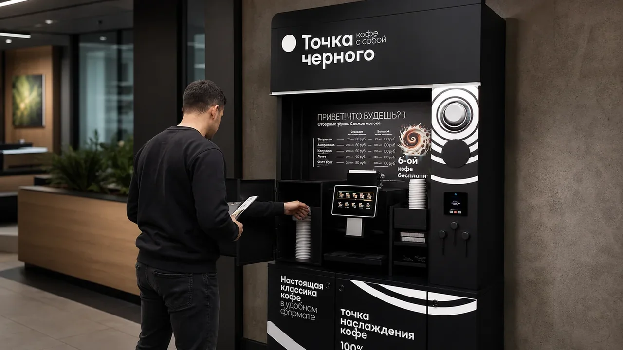 Партнёр обслуживает кофейную стойку самообслуживания и проверяет расходники