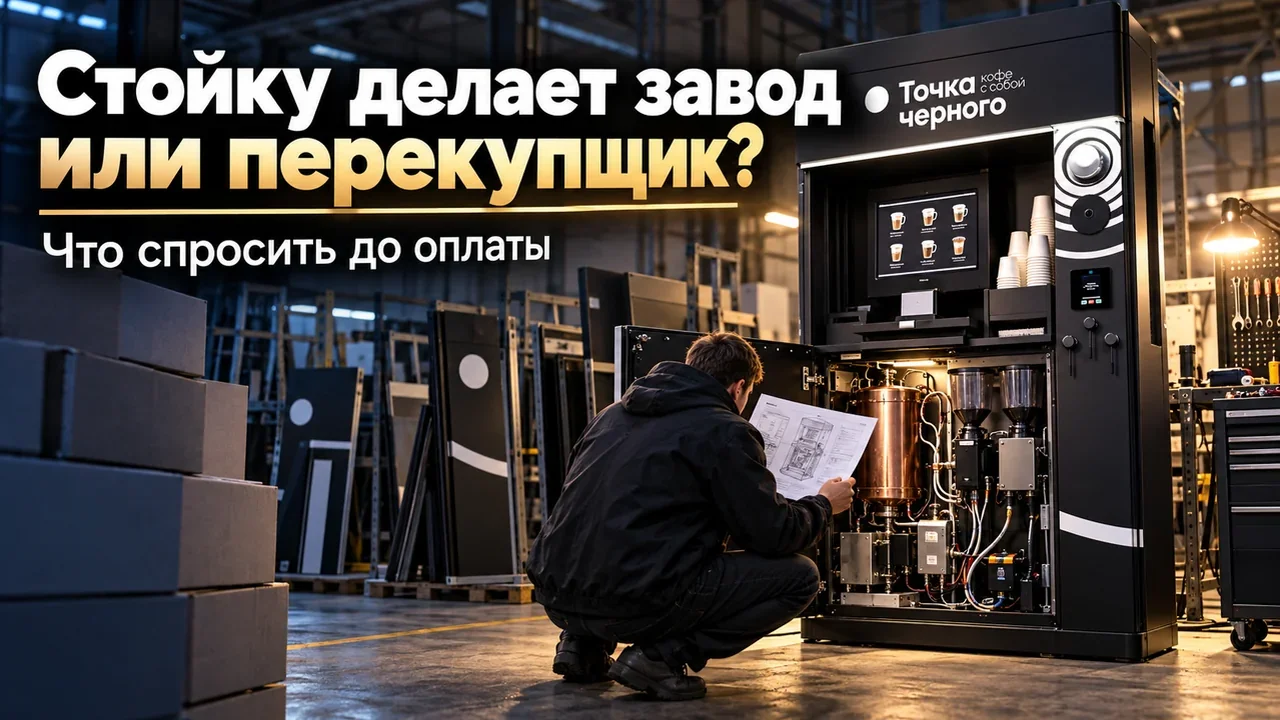 Покупатель сравнивает кофейную стойку со спецификацией на производстве перед оплатой