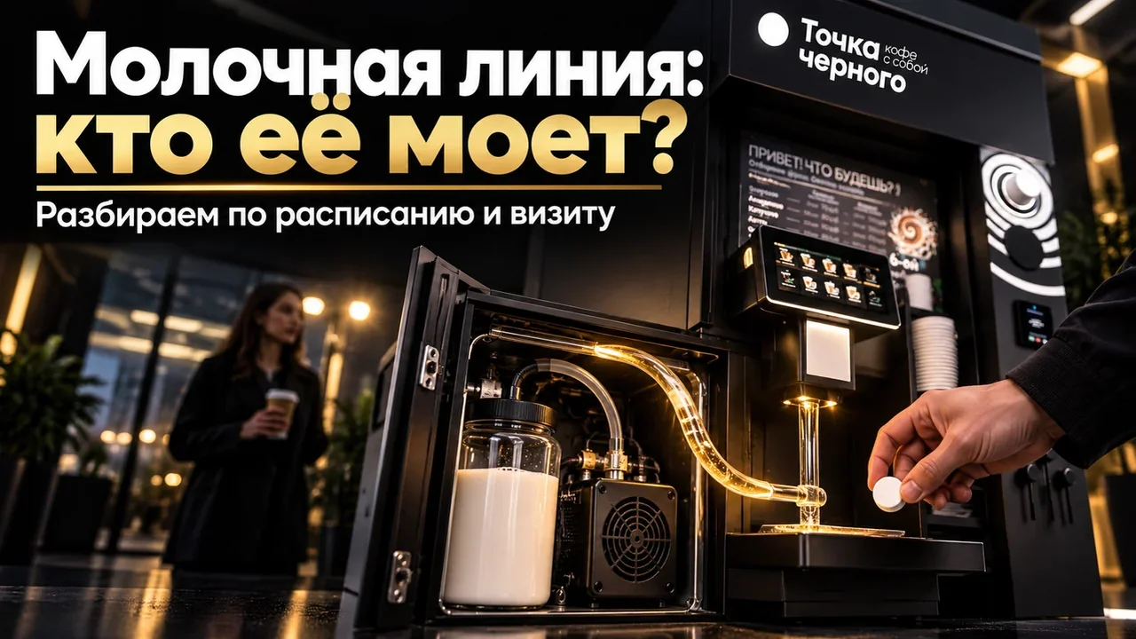 Открытая нижняя дверца кофейной стойки «Точка Чёрного»: виден компрессорный охладитель с молоком и прозрачная молочная линия, по которой идёт золотая промывка