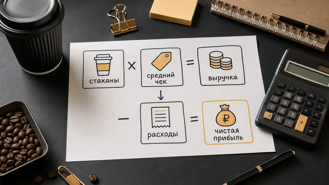 Простая схема расчета выручки и чистой прибыли кофейной точки самообслуживания