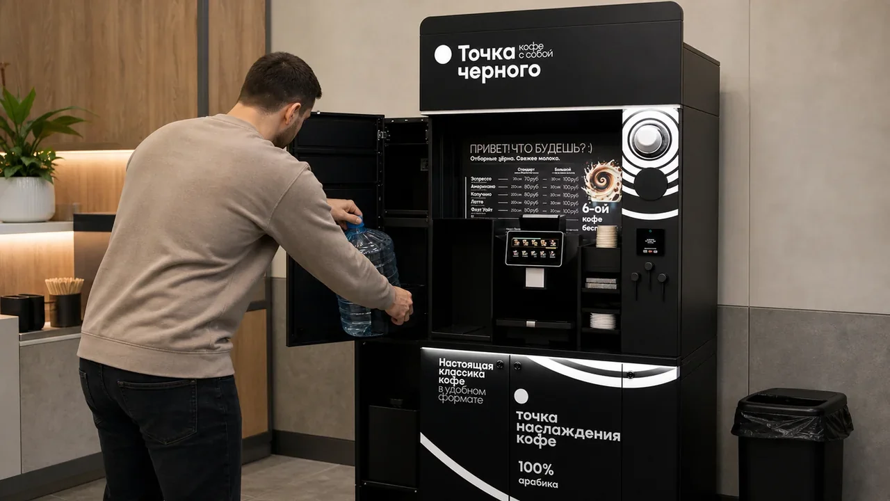 Партнёр обслуживает кофейную стойку: вода, чистота и расходники