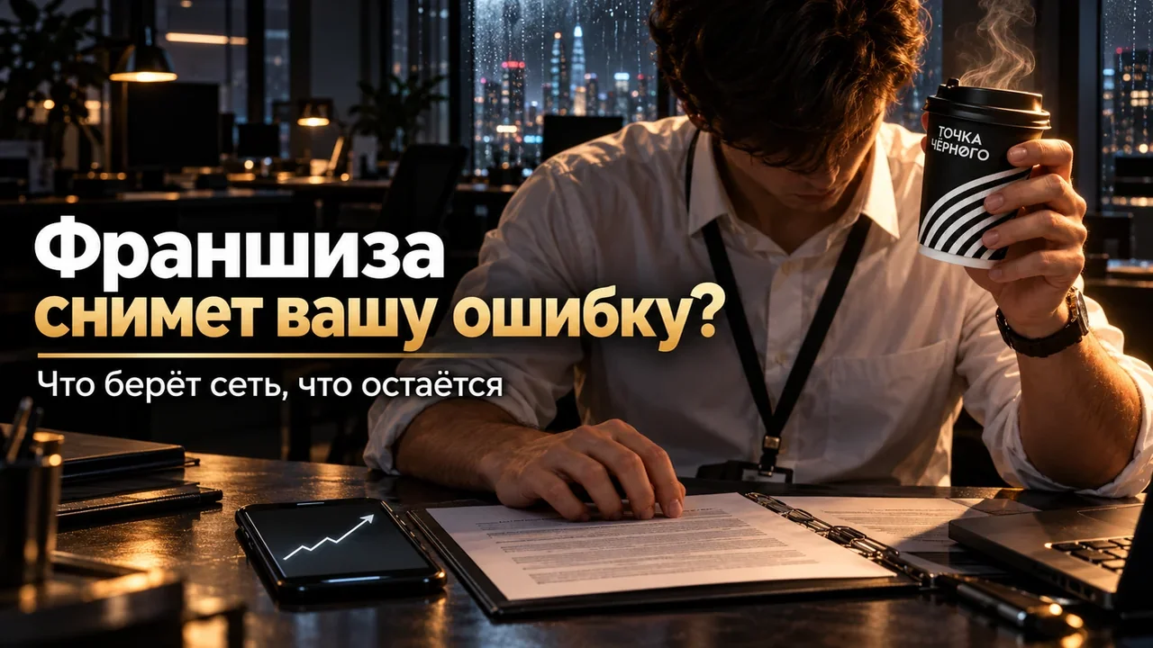 Сотрудник после рабочего дня у тёмного стола держит фирменный стакан «Точка Чёрного», рядом открытая папка договора и смартфон