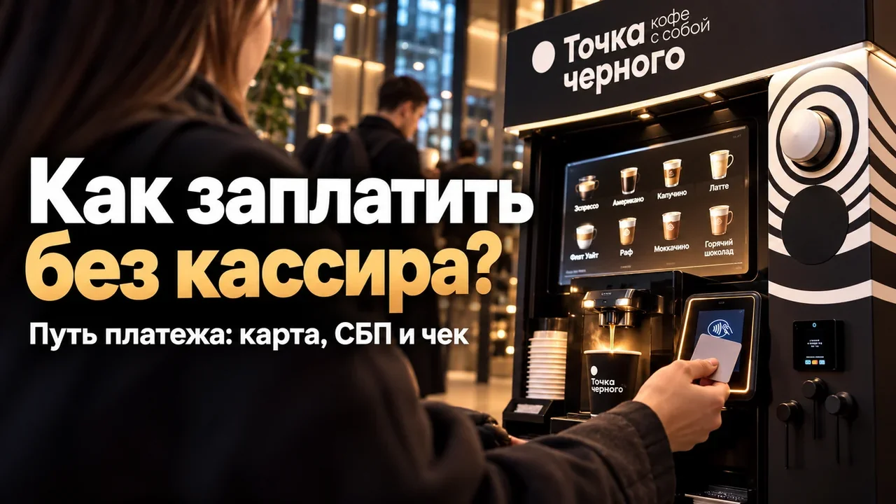 гость прикладывает банковскую карту к платёжному терминалу кофейной стойки у тач-экрана