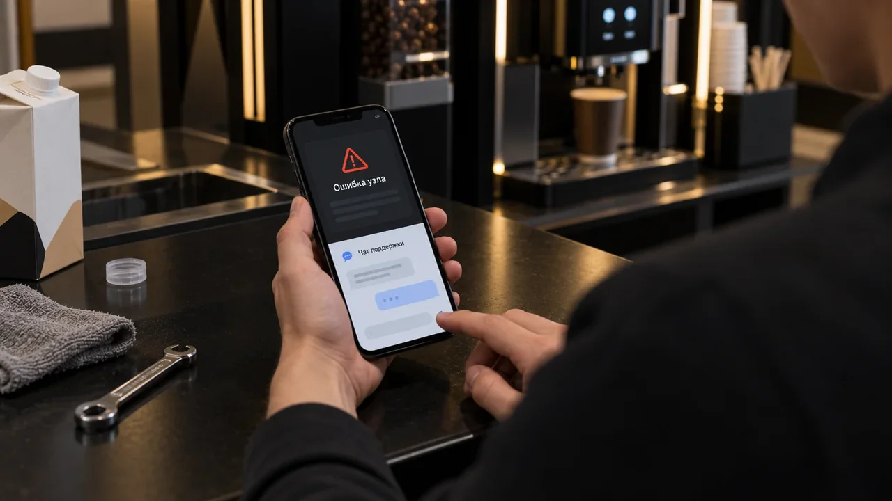 партнёр смотрит в смартфоне ошибку стойки и пишет в чат поддержки